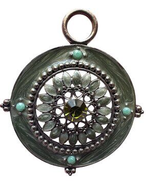 Vintage Green & Silver-Tone Floral Pendant With Turquoise Accents